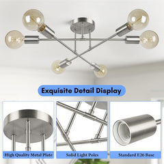 Modern Sputnik Chandelier, 6-Light Ceiling Light Fixture, Bedroom
