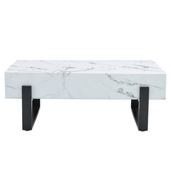 Minimalist MDF Marble-Patterned Coffee Table with Black Metal Legs,
