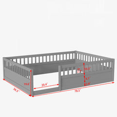 Full Floor Bed Frame with Fence, Wood Kids Floor Beds Frame for