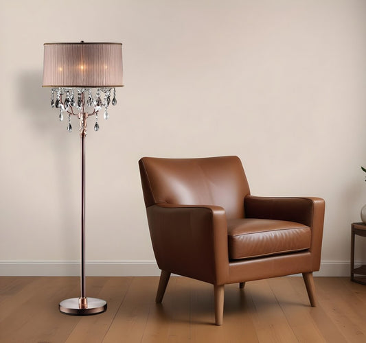 62" Silver Three Light Candelabra Floor Lamp With Pink Fabric Drum