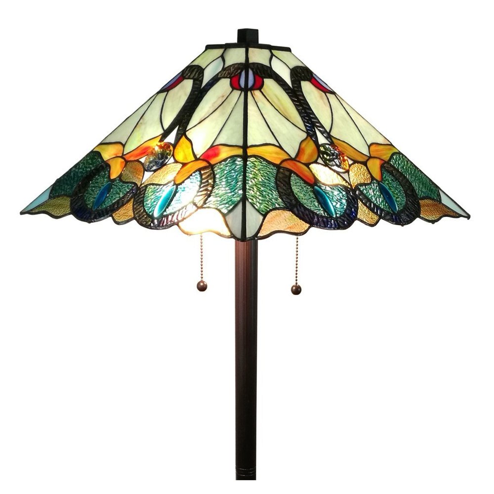 62" Espresso Two Light Torchiere Floor Lamp With Blue Flowers Glass