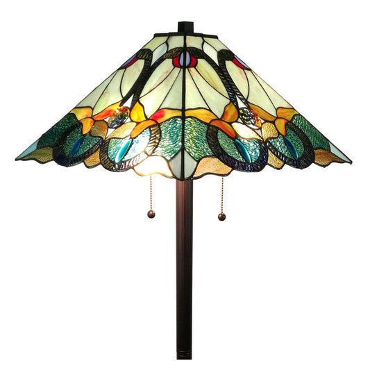 62" Espresso Two Light Torchiere Floor Lamp With Blue Flowers Glass