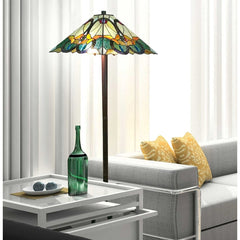 62" Espresso Two Light Torchiere Floor Lamp With Blue Flowers Glass
