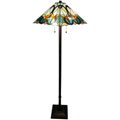 62" Espresso Two Light Torchiere Floor Lamp With Blue Flowers Glass