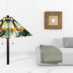 62" Espresso Two Light Torchiere Floor Lamp With Blue Flowers Glass