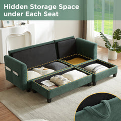 Upholstered Sectional Sofa with Movable Ottoman and Storage in Green