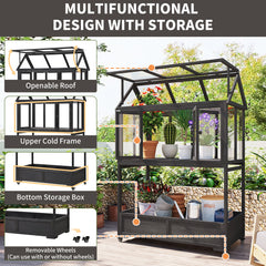 Garden Wood Portable Cold Frame with Movable Wheels Mini Greenhouse