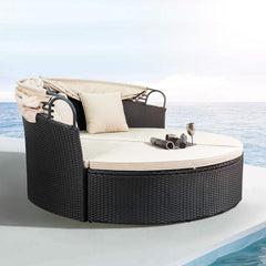 Outdoor Round Daybed Canopy, Wicker, Patio Sectional Sofa