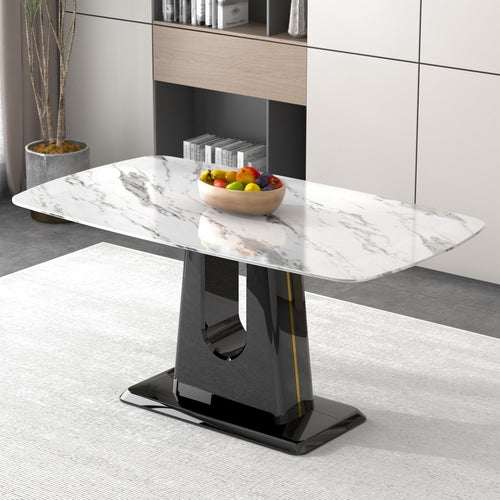 A modern, minimalist, and luxurious dining table with a white