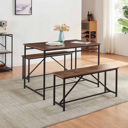 3 Piece Dining Room Table Set 43 Inch Kitchen Table with Two Benches