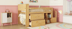 Twin Size Loft Bed with LED and Bookshelf, Wood Low Loft Bed with
