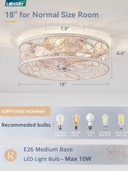 Caged Ceiling Fans with Lights, White Flush Mount Ceiling Fan with