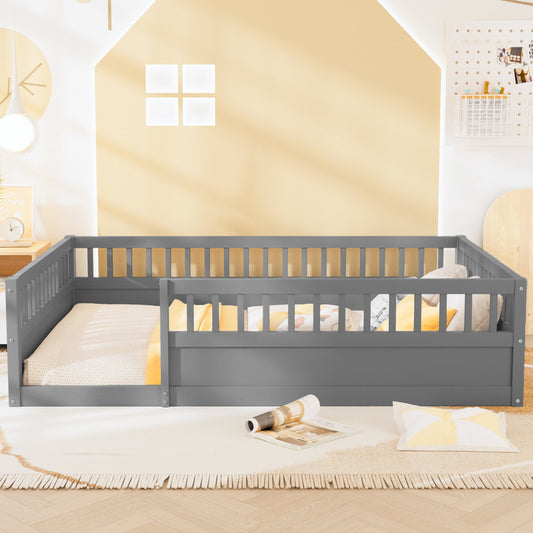 Full Floor Bed Frame with Fence, Wood Kids Floor Beds Frame for