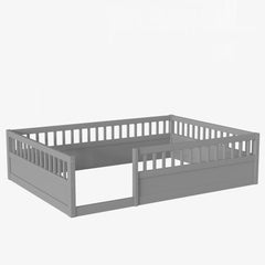 Full Floor Bed Frame with Fence, Wood Kids Floor Beds Frame for