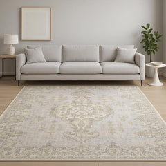 8' X 10' Grey And Gold Oriental Power Loom Stain Resistant Area Rug