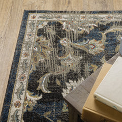 10' X 13' Charcoal And Blue Oriental Distressed Area Rug