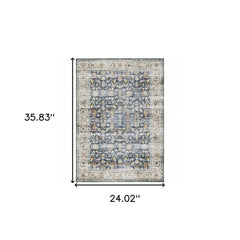 2' X 3' Blue And Gold Oriental Distressed Area Rug