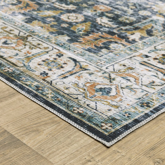 2' X 3' Blue And Gold Oriental Distressed Area Rug