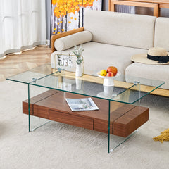 Modern Two-Tier Coffee Table with Drawer - Clear Tempered Glass &