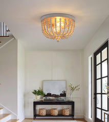 Boho Chandelier Wood Beaded Flush Mount Ceiling Light Fixtures for