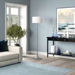 62" Nickel Floor Lamp With White Fabric Drum Shade