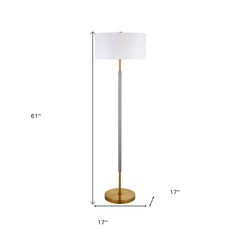 61" Brass Two Light Floor Lamp With White Frosted Glass Drum Shade