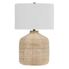 27" Natural Rattan Table Lamp With White Drum Shade