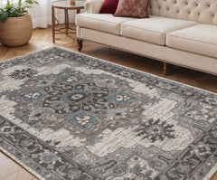 8' X 10' Ivory Taupe and Gray Medallion Power Loom Area Rug