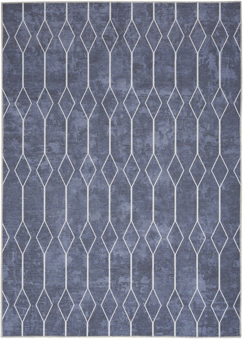 6' X 9' Blue and Ivory Geometric Power Loom Washable Area Rug