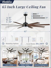 65 Inch Ceiling Fans with Lights and Remote, Black Indoor/Outdoor
