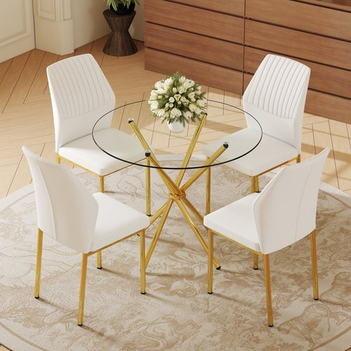 4-Piece Dining Set with 36.6'' Round Tempered Glass Table & White-Gold