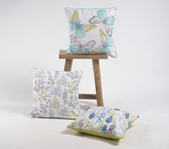 16" Blue and White Botanical Cotton Throw Pillow Cover With Beads