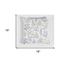 16" Blue and White Botanical Cotton Throw Pillow Cover With Beads