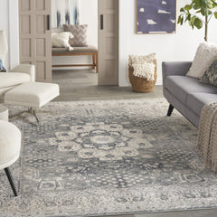 9' X 12' Gray and Ivory Medallion Power Loom Area Rug