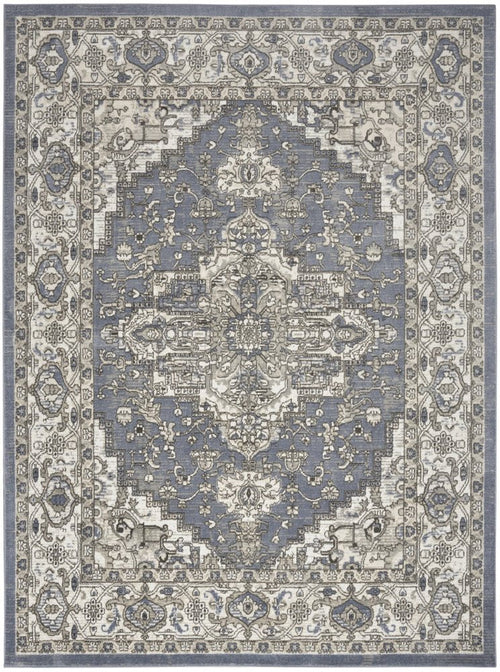 5' X 7' Blue and Ivory Medallion Power Loom Distressed Area Rug