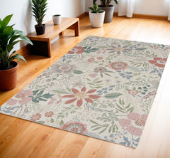 4' X 6' Gray and Pink Floral Power Loom Washable Non Skid Area Rug