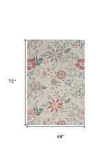 4' X 6' Gray and Pink Floral Power Loom Washable Non Skid Area Rug