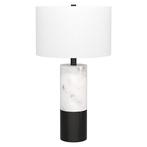 24" Black and White Marble and Metal Cylinder Table Lamp With White