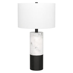 24" Black and White Marble and Metal Cylinder Table Lamp With White