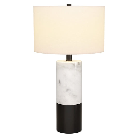 24" Black and White Marble and Metal Cylinder Table Lamp With White