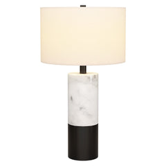 24" Black and White Marble and Metal Cylinder Table Lamp With White