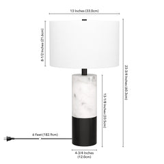 24" Black and White Marble and Metal Cylinder Table Lamp With White