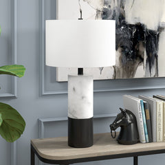 24" Black and White Marble and Metal Cylinder Table Lamp With White