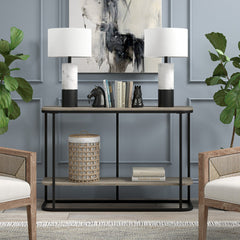 24" Black and White Marble and Metal Cylinder Table Lamp With White