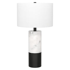24" Black and White Marble and Metal Cylinder Table Lamp With White