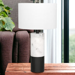 24" Black and White Marble and Metal Cylinder Table Lamp With White