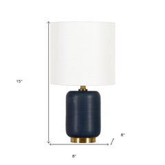 15" Blue and Gold Ceramic Cylinder Table Lamp With White Drum Shade
