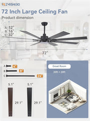 72 Inch Large Ceiling Fans with Lights and Remote, Indoor/Outdoor