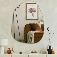 Contemporary Asymmetrical Wall Mirror with Golden Wood Frame - Ideal