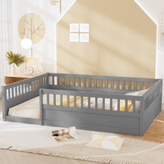 Full Floor Bed Frame with Fence, Wood Kids Floor Beds Frame for